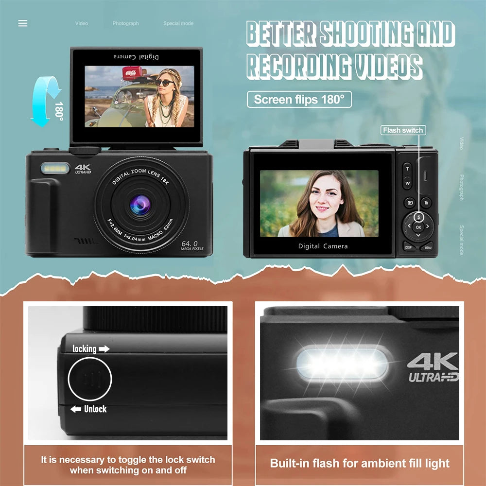 4K Digital Camera for Photography and 18X Digital Zoom Camera 64MP Compact Vlogging Camera 3'' 180° Flip Screen with Flash