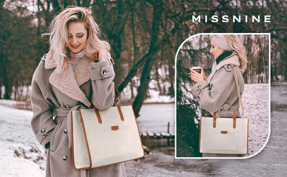 Missnine 15.6 Inch Woman Laptop Briefcase Tote Canvas ipad Bag Work Shoulder Bag Casual Tote Bag for Travel Office College