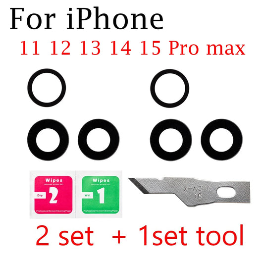 2set For iPhone 13 Pro Max 12 11 14 ProMax Mini XR XS XSMax  Back Rear camera Glass lens with sticker adhesive Replacement