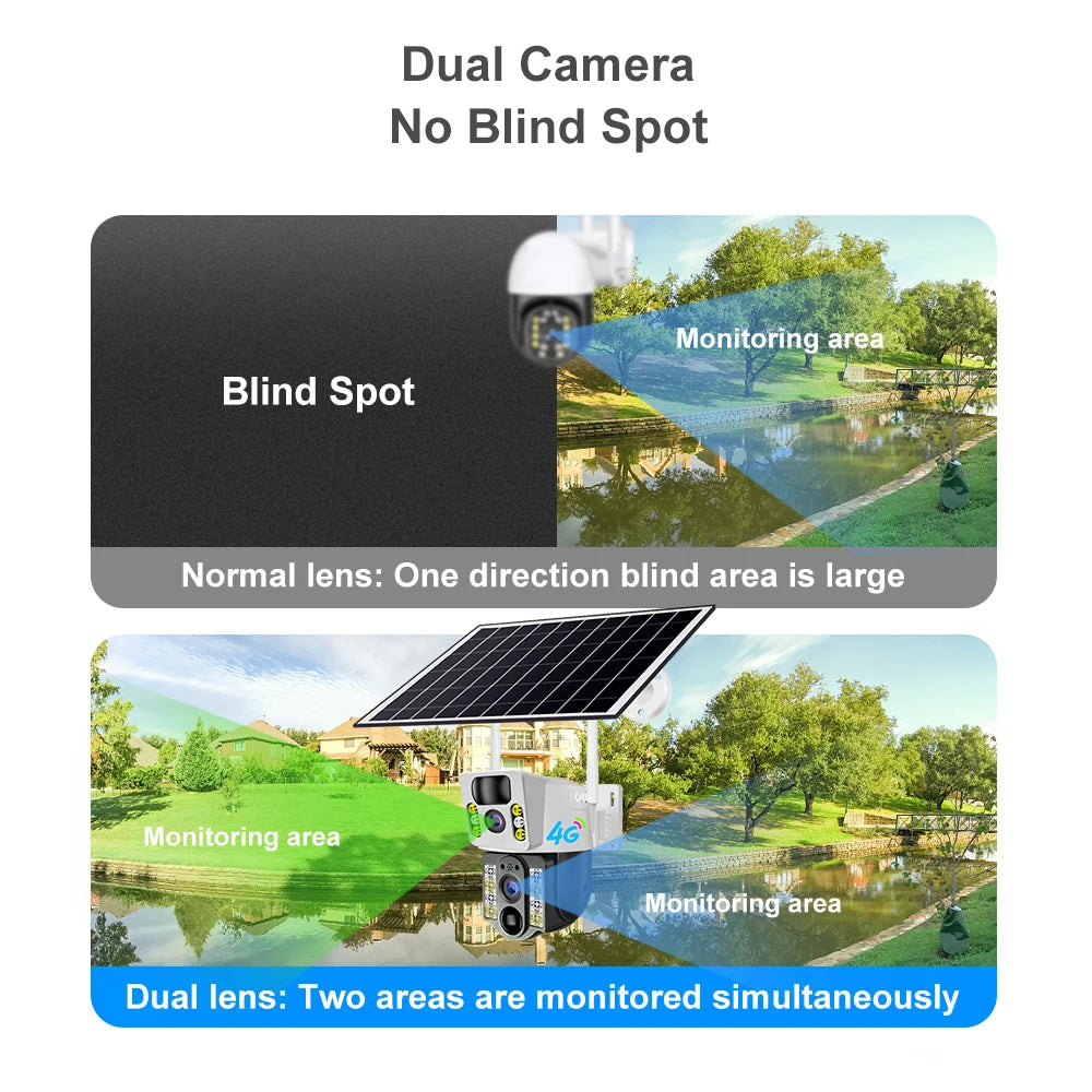 8MP 4K Wireless Solar Camera 4G Sim Outdoor Dual Lens Wifi IP Camera PIR Night Vision V380 Pro CCTV Security Protection Monitor