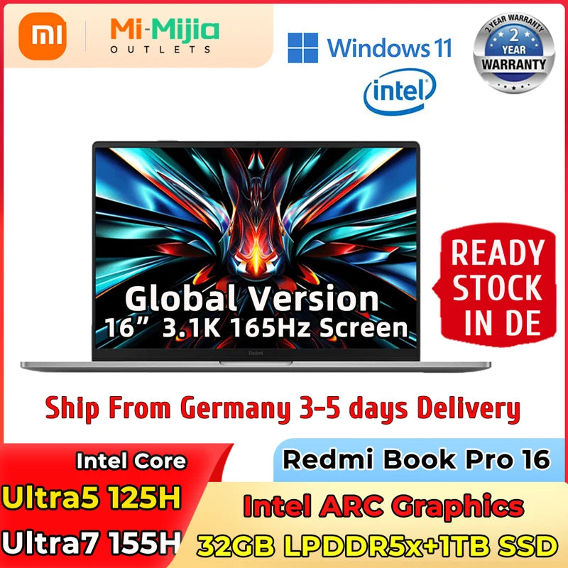 Xiaomi laptop Redmi Book Pro 16 2024 ARC Graphics  Intel Core Ultra5/Ultra7 32G 1TB SSD 16"3.1K 165Hz Screen