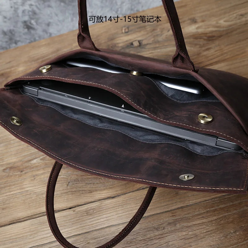 NZPJ Retro Men's Briefcase Leather Casual HandbagTop Layer Cowhide Business Tablet Bag Thin Clutch For 16-Inch Laptop