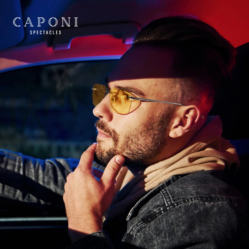 CAPONI Pure Titanium Men's Sunglasses Photochromic Night Vision Rimless Driving Sun Glasses Light UV400 Brand Shades BSYS28923