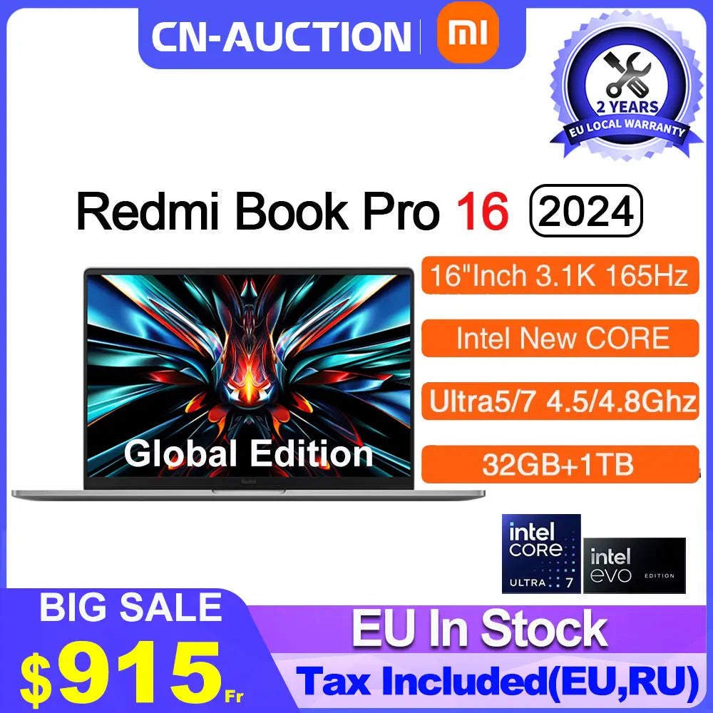 Xiaomi RedmiBook Pro 16 laptop  2024 Core Ultra 5-125H/Ultra 7-155H ARC Graphics 32GB DDR5 1TB SSD 16-inch 3.1K 165hz Screen Pc