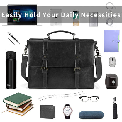 Men's Leather Briefcase Retro Chic Bag 15.6 inch Waterproof Leather Large Capacity Crossbody Bag Laptop Tote