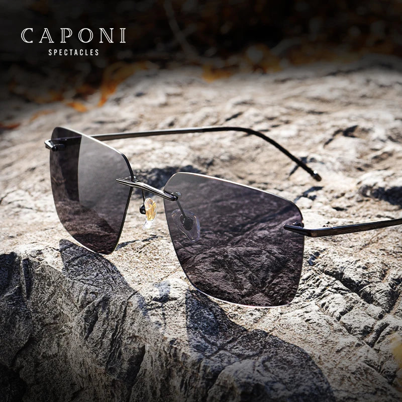 CAPONI Pure Titanium Photochromic Sunglasses Rimless Polarized Driving Men's Sun Glasses Ultra Light UV400 Brand Shades BS28923