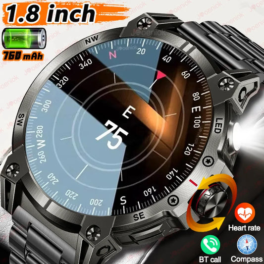 Military Smart Watch Men 760mAh Large Battery LED Flashlight Compass 1.8"HD Screen Heart rate Waterproof BT Call Smartwatch  New