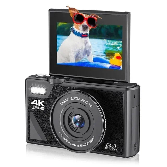 4K Video Camera 64MP with 18X Digital Zoom Flip Screen Selfie Webcam for YouTube Vlogging