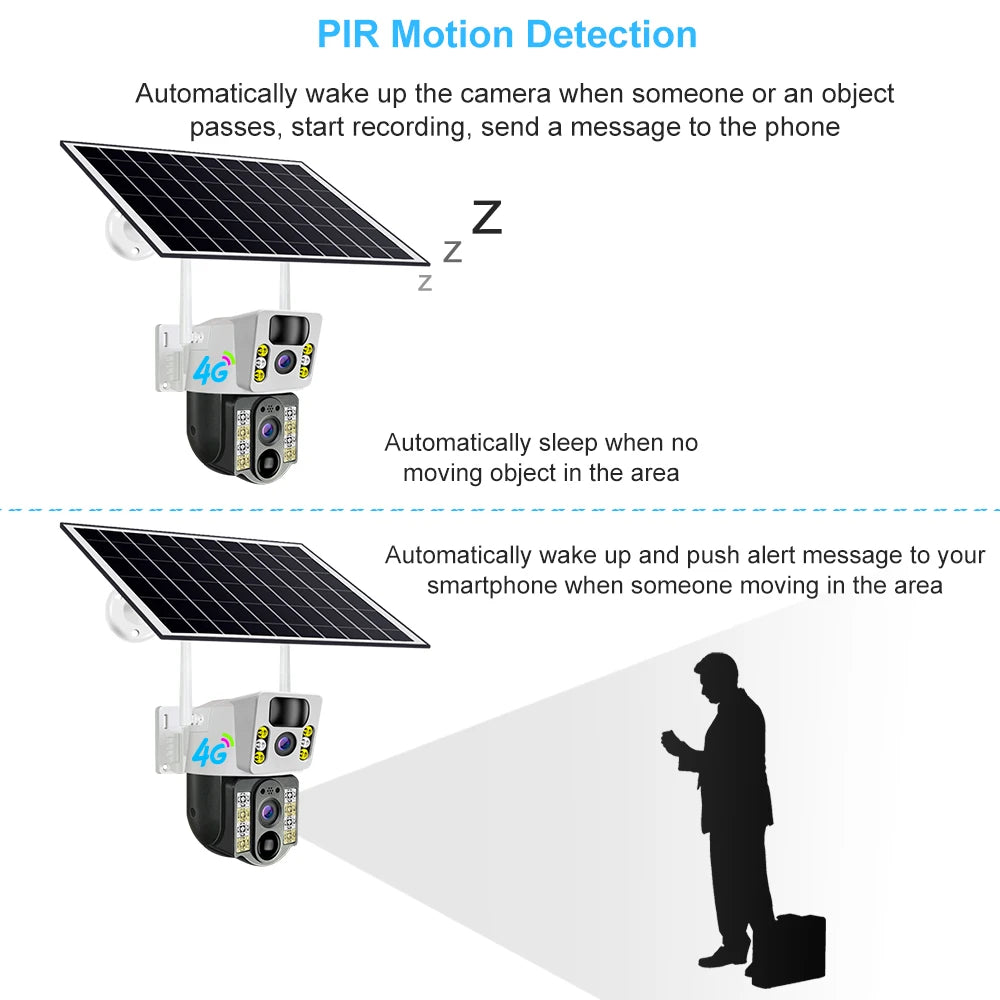 8MP 4K Wireless Solar Camera 4G Sim Outdoor Dual Lens Wifi IP Camera PIR Night Vision V380 Pro CCTV Security Protection Monitor