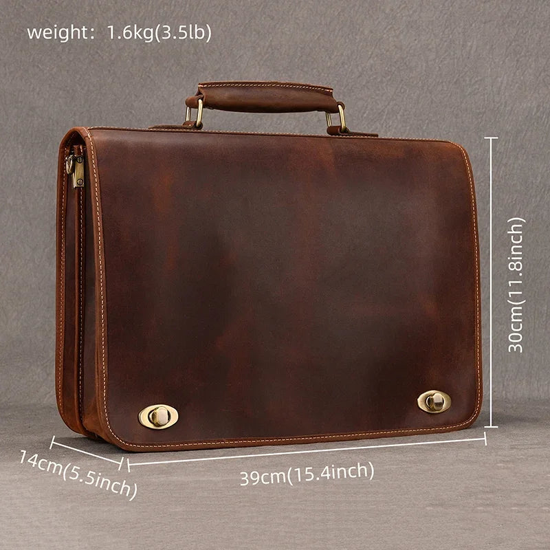 Top Grade Thick Genuine Leather Men Briefcase 15" Laptop Cow Leather Business Bag Tote Man Briefcase With Shoulder Strap