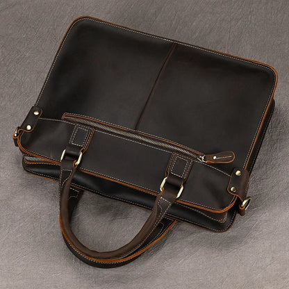 Men Messenger Bag Leather Briefcase Simple Men's Commuting Handbag Single Shoulder Bag Cowhide Crossbody Computer Portfolio