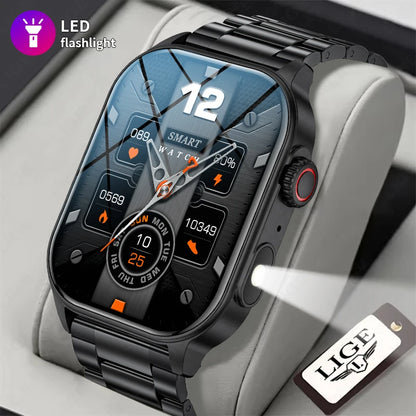 LIGE Men's Watch Outdoor Flashlight Military IP68 Waterproof Smart Watch Men Heart Rate Sport Fitness Watches BT Call Smartwatch