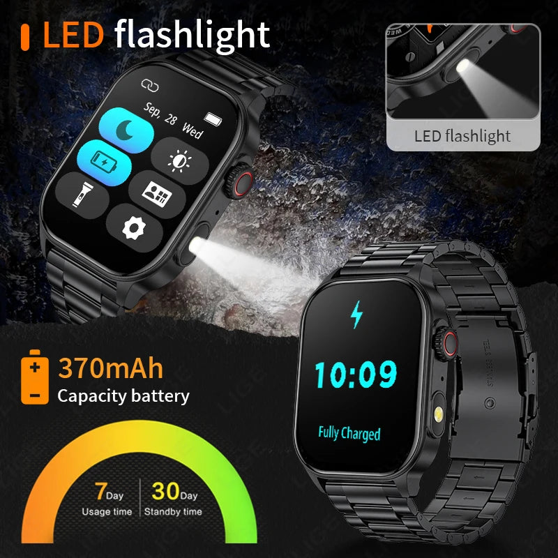 LIGE Men's Watch Outdoor Flashlight Military IP68 Waterproof Smart Watch Men Heart Rate Sport Fitness Watches BT Call Smartwatch