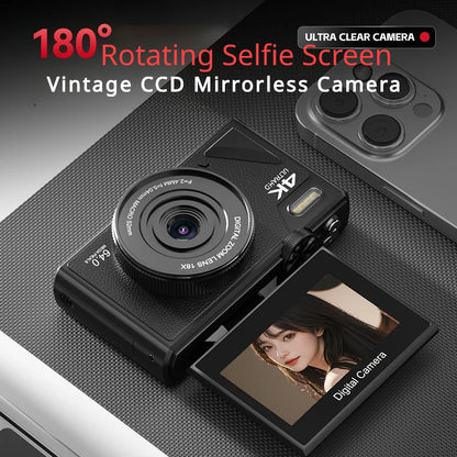 6400MP High-Definition Vintage CCD Mirrorless Camera with 180-Degree Rotating Selfie Screen