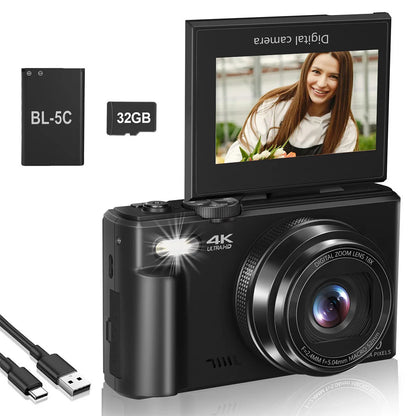 4K Digital Camera, 4K Vlogging Camera for YouTube whit 3" 180° Flip Screen 18X Digital Zoom Compact Retro Camera, Black