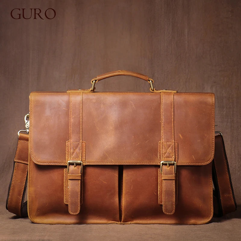 GURO Top Original Cowhide Briefcase Men Luxury Design Real Leather Handbag