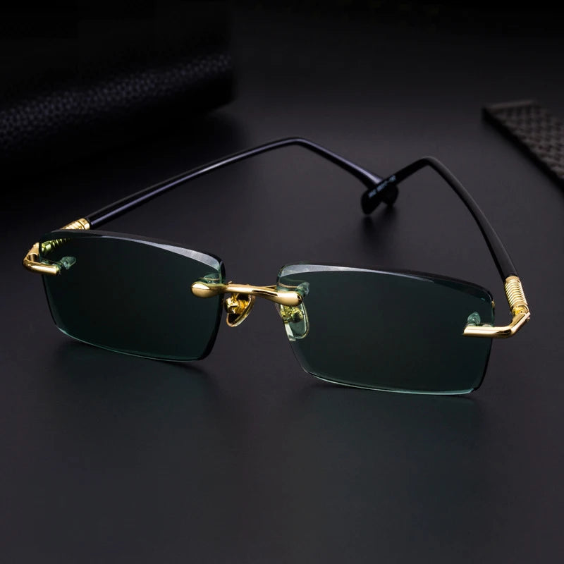 Green Rimless Glass Sunglasses Man Natural Crystal Stone Sun Glasses Woman Mineral Lens Metal Frame Anti Scratch Top Quality