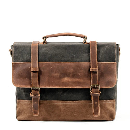 MUCHUAN Oil Wax Canvas Handbag Mens Waterproof Shoulder Bag Vintage Canvas Leather Briefcases 14" Laptop Messenger Bags Large