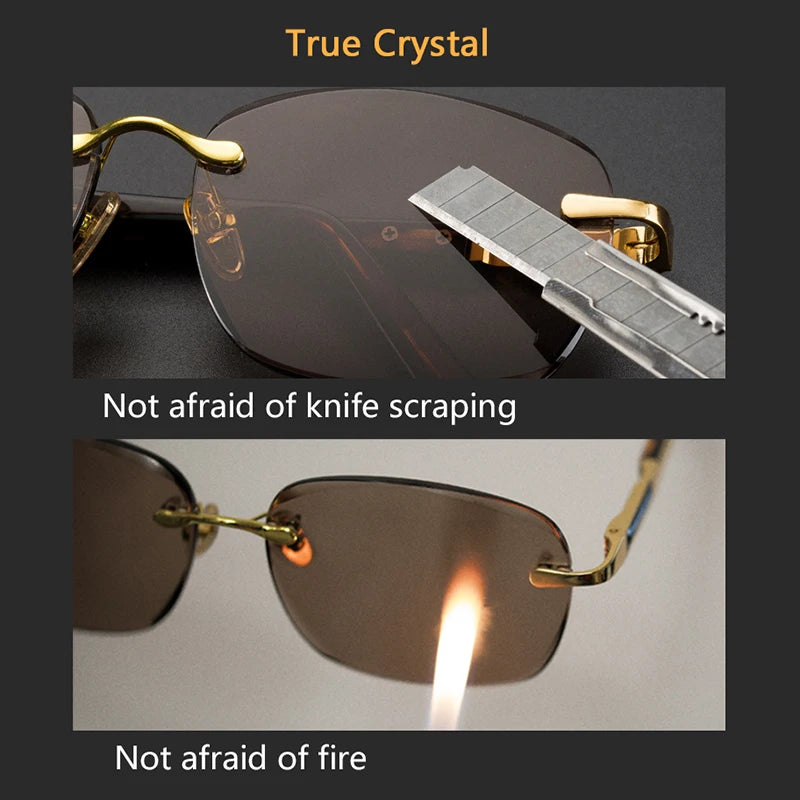 Brown Pure Natural Crystal Stone Sunglasses Man Rimless Glass Sun Glasses Woman Mineral Lens Vintage Acetate Moisturizing Eye