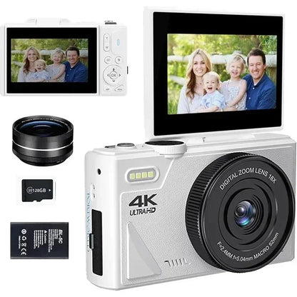 4K Video Camera 64MP with 18X Digital Zoom Flip Screen Selfie Webcam for YouTube Vlogging