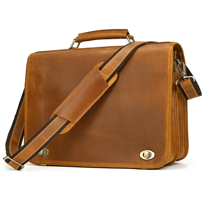 Top Grade Thick Genuine Leather Men Briefcase 15" Laptop Cow Leather Business Bag Tote Man Briefcase With Shoulder Strap