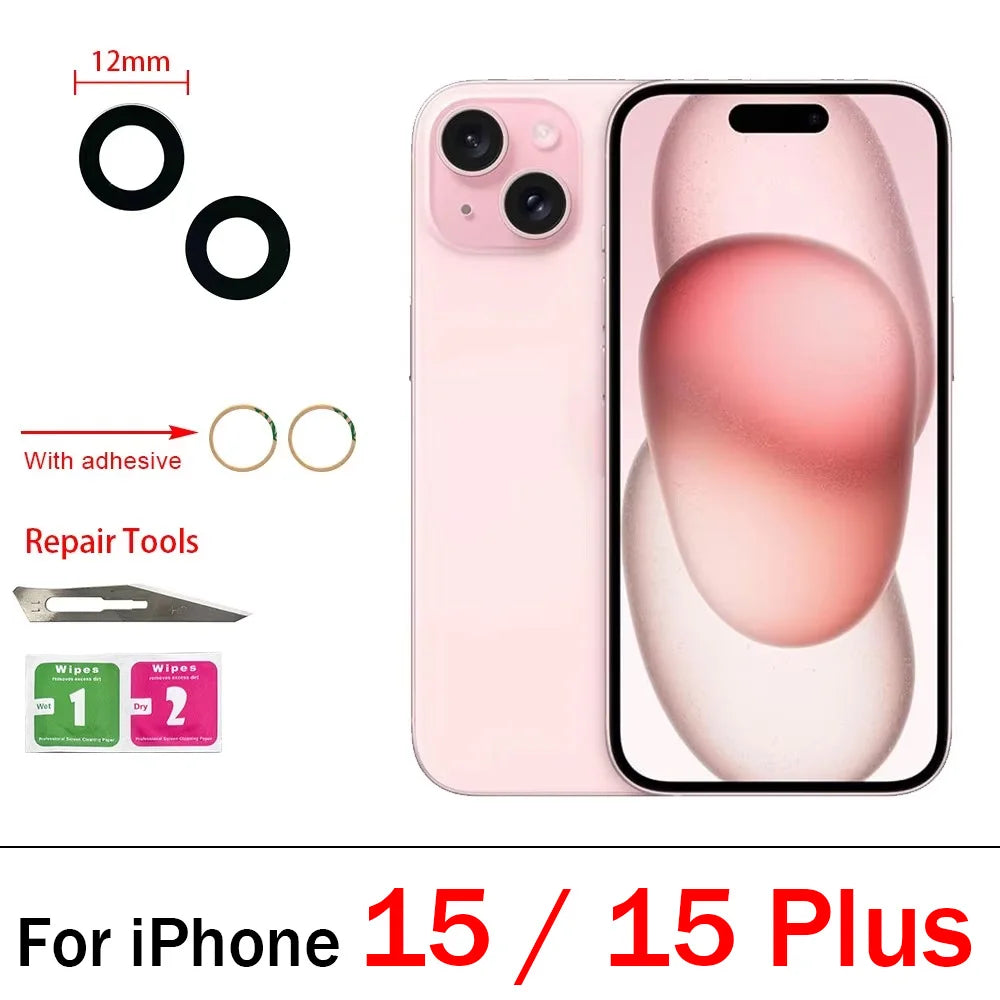 10Pcs/Lot,  For iPhone X XR XS 11 12 13 14 15 16 Pro Max Mini Plus Rear Back Camera Glass Lens With Ahesive