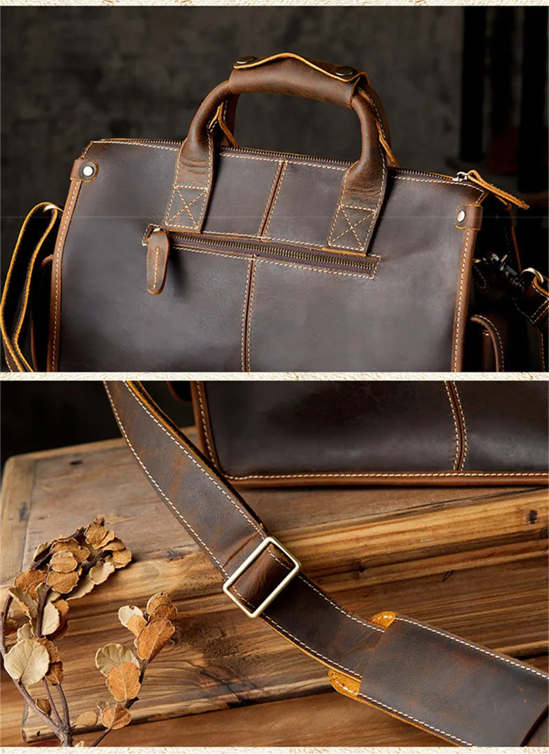 Vintage high quality crazy horse cowhide men's briefcase business travel luxury genuine leather handbag work messenger bag