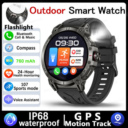 Military Smart Watch Men 760mAh Large Battery LED Flashlight Compass 1.8"HD Screen Heart rate Waterproof BT Call Smartwatch  New