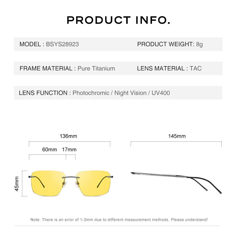 CAPONI Pure Titanium Men's Sunglasses Photochromic Night Vision Rimless Driving Sun Glasses Light UV400 Brand Shades BSYS28923