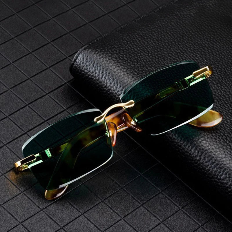 Green Rimless Glass Sunglasses Man Natural Crystal Stone Sun Glasses Woman Mineral Lens Acetate Frame Anti Scratch Top Quality