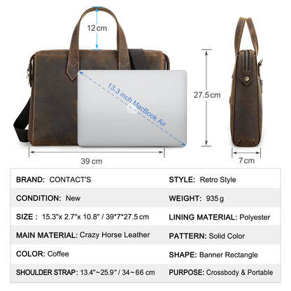 Vintage Genuine Leather Laptop Handbag Men Briefcase Casual Shoulder Bag Large Capacity Messenger for Macbook 13''