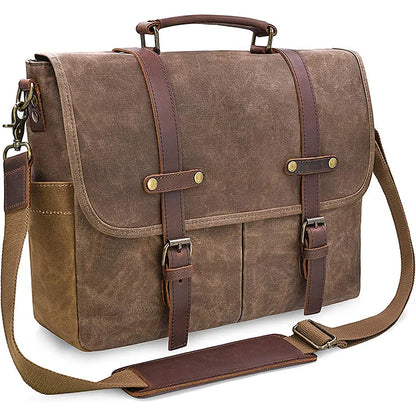 Laptop Bag Waterproof Vintage Genuine Leather Waxed Canvas