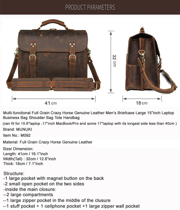 Vintage Crazy Horse Genuine Leather Men Briefcase Large Business Bag Tote Office Bag 15.6“Laptop Case attache Male Shoulder Bag