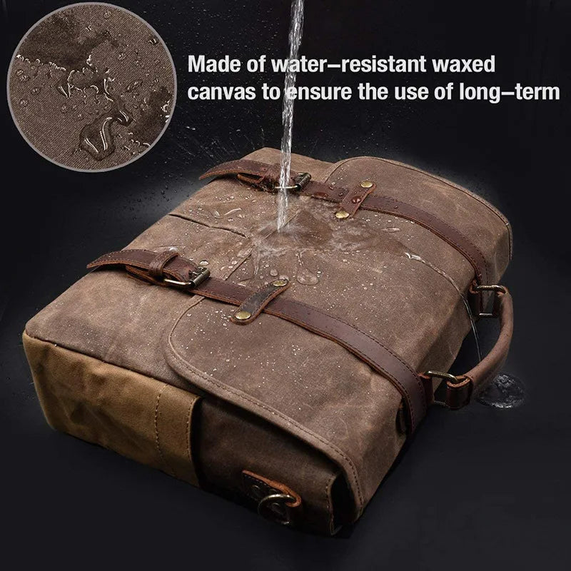 Laptop Bag Waterproof Vintage Genuine Leather Waxed Canvas