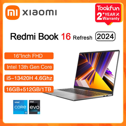 XIAOMI Laptop Redmi Book 16 2024 Refresh RAM 16GB SSD 512GB Intel i5 12450H 13420H 16" Inch FHD Notebook Ultrabook Computer PC