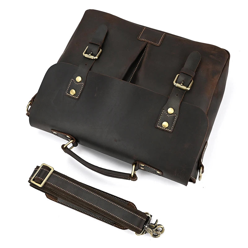 Newsbirds Leather Briefcase Shoulder Bag Vintage Style Men's Crossbody Bags For A4 Books Messenger For Men Women Handbags