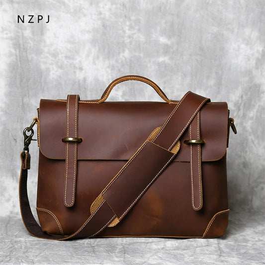 Retro Leather Men's Handbag Top Layer Cowhide Briefcase Crazy Horse Leather Messenger Shoulder Large Capacity Computer Bag NZPJ