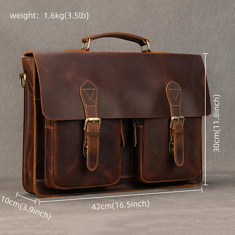 Vintage Men Briefcase Crazy Horse Genuine Leather Man Male Laptop Handbag Large Shoulder Messenger Portfolio Bag Business Case