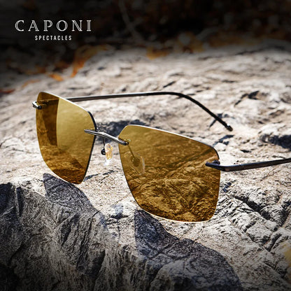 CAPONI Pure Titanium Men's Sunglasses Photochromic Night Vision Rimless Driving Sun Glasses Light UV400 Brand Shades BSYS28923