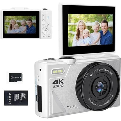 4K Video Camera 64MP with 18X Digital Zoom Flip Screen Selfie Webcam for YouTube Vlogging