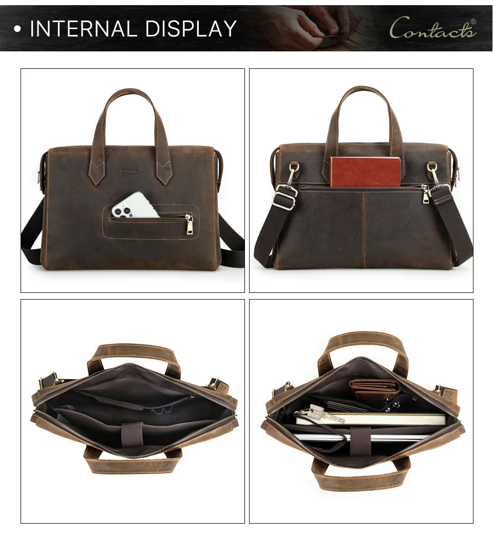 Vintage Genuine Leather Laptop Handbag Men Briefcase Casual Shoulder Bag Large Capacity Messenger for Macbook 13''