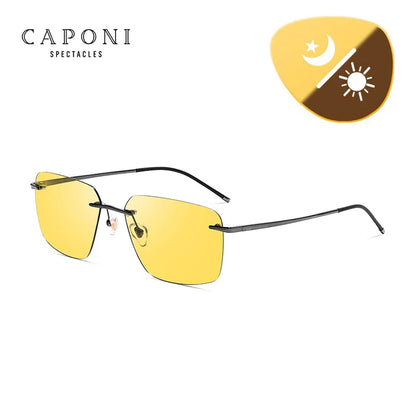 CAPONI Pure Titanium Men's Sunglasses Photochromic Night Vision Rimless Driving Sun Glasses Light UV400 Brand Shades BSYS28923