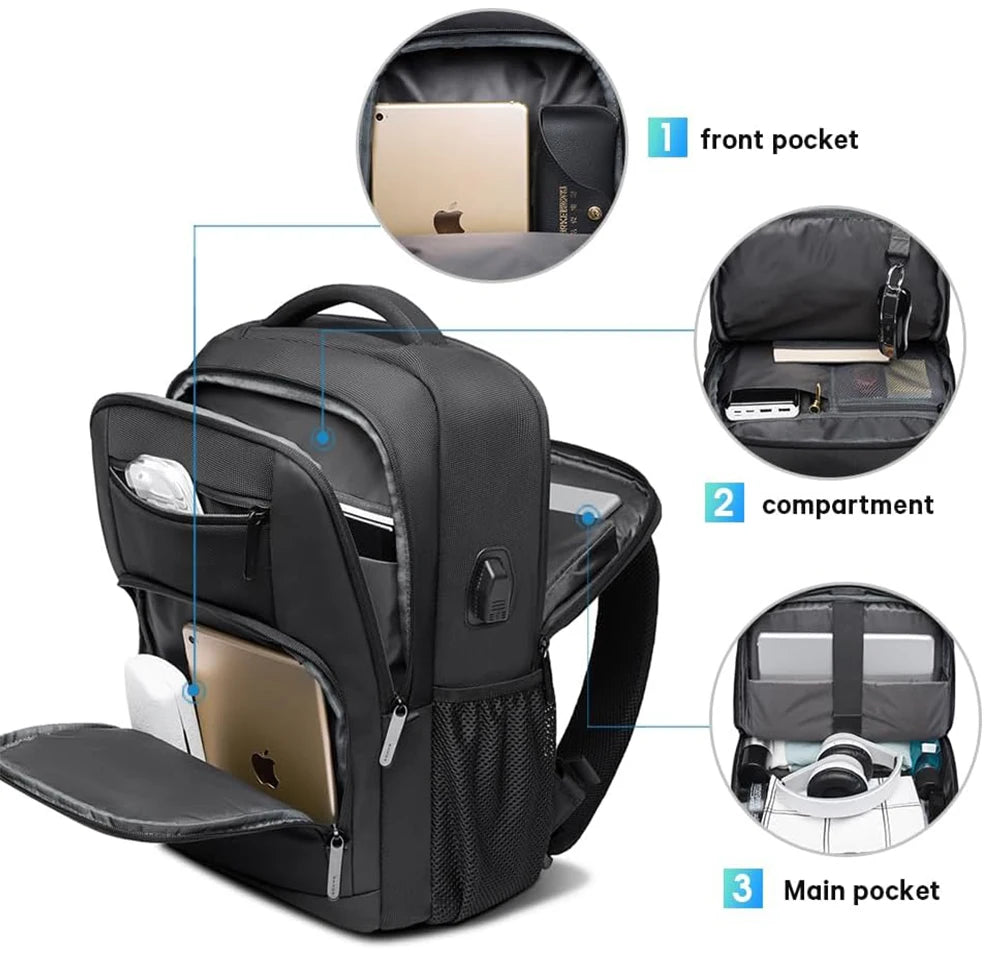 BANGE Travel Waterproof Backpack with USB Charging Port Fit 15.6 Inch Laptop Backpacks for Men and Women, Teenager School Bags