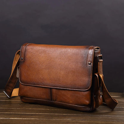 Business casual leather men's bag horizontal section cowhide vintage shoulder messenger bag men laptop bags postal briefcases