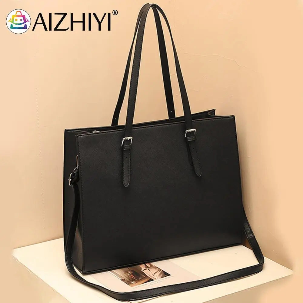 15.6 Inch Large Shoulder Bag PU Leather Computer Tote Bag Multipocket Large Capacity Waterproof Women Business Travel Handbag