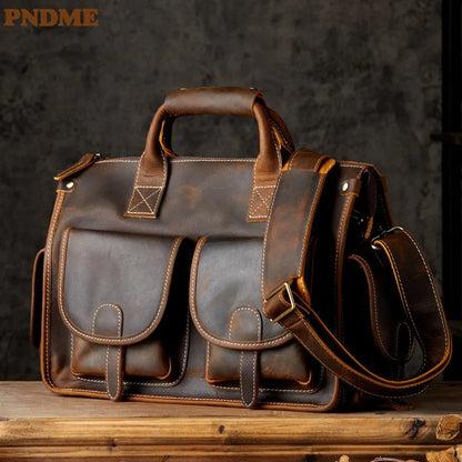 Vintage high quality crazy horse cowhide men's briefcase business travel luxury genuine leather handbag work messenger bag