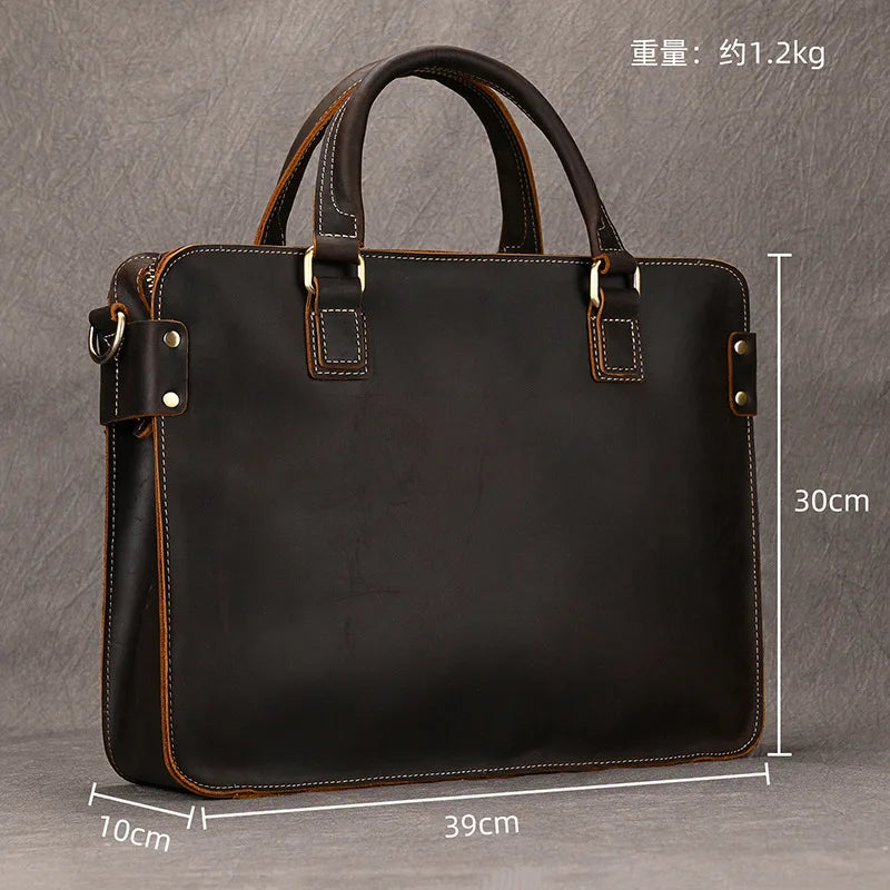 Men Messenger Bag Leather Briefcase Simple Men's Commuting Handbag Single Shoulder Bag Cowhide Crossbody Computer Portfolio