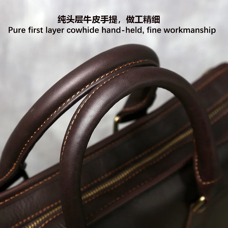 NZPJ Retro Men's Briefcase Leather Laptop Bag Top Layer Cowhide Casual Handbag 14 Inch Business Shoulder Bag Messenger Bag