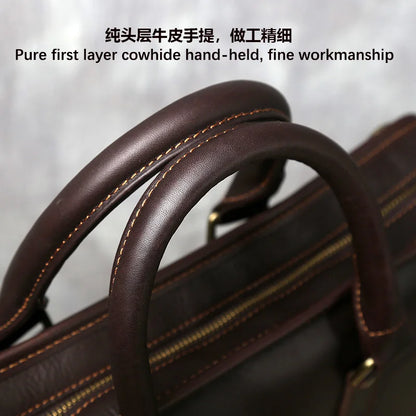 NZPJ Retro Men's Briefcase Leather Laptop Bag Top Layer Cowhide Casual Handbag 14 Inch Business Shoulder Bag Messenger Bag