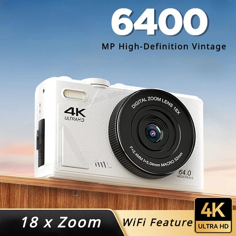 6400MP High-Definition Vintage CCD Mirrorless Camera with 180-Degree Rotating Selfie Screen